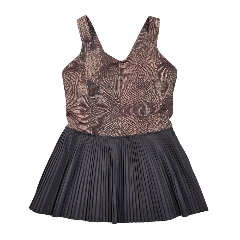 Lululemon Tennis Dress Womens 6 Black Bronze Geometric Print Pleated Cutout Back
